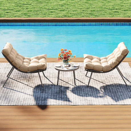 Juego de conversación de 3 piezas de ratán PE con sillas Papasan acolchadas - Beige