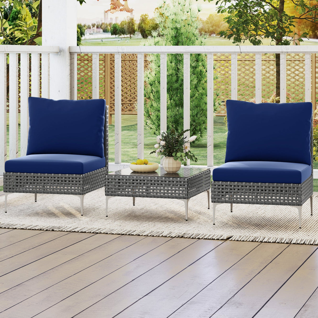 3 sillones de conversación de ratán PE con mesa de centro de vidrio templado para jardín o porche - Azul marino