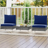 3 sillones de conversación de ratán PE con mesa de centro de vidrio templado para jardín o porche - Azul marino