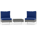 3 sillones de conversación de ratán PE con mesa de centro de vidrio templado para jardín o porche - Azul marino