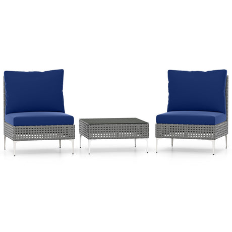 3 sillones de conversación de ratán PE con mesa de centro de vidrio templado para jardín o porche - Azul marino