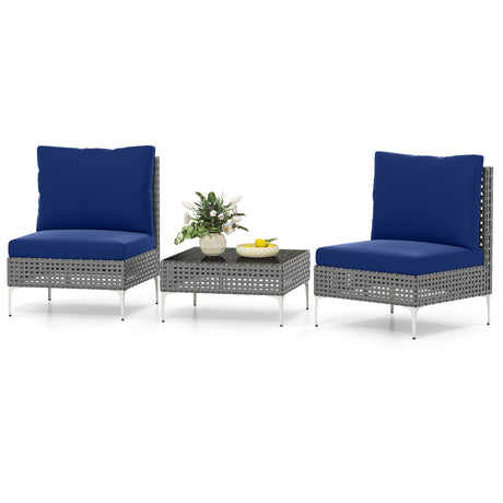 3 sillones de conversación de ratán PE con mesa de centro de vidrio templado para jardín o porche - Azul marino