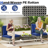 3 sillones de conversación de ratán PE con mesa de centro de vidrio templado para jardín o porche - Azul marino