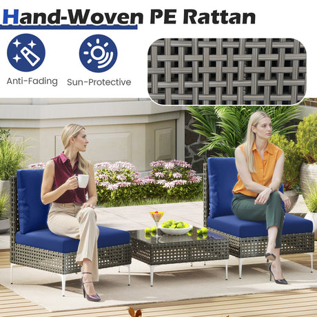 3 sillones de conversación de ratán PE con mesa de centro de vidrio templado para jardín o porche - Azul marino