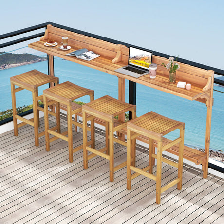 Juego de 3 piezas de mesa de bar de madera de acacia para patio con reposapiés y asiento de madera curvado
