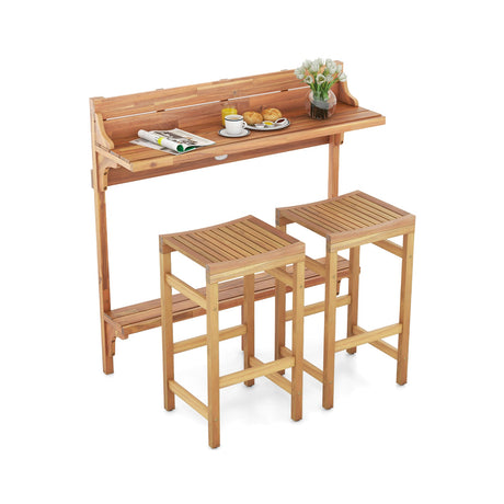 Juego de 3 piezas de mesa de bar de madera de acacia para patio con reposapiés y asiento de madera curvado