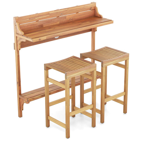 Juego de 3 piezas de mesa de bar de madera de acacia para patio con reposapiés y asiento de madera curvado