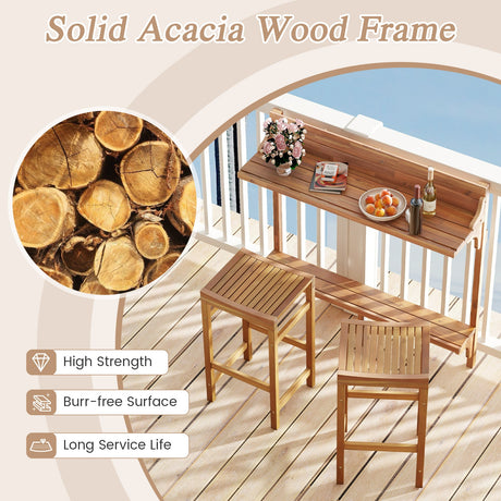 Juego de 3 piezas de mesa de bar de madera de acacia para patio con reposapiés y asiento de madera curvado