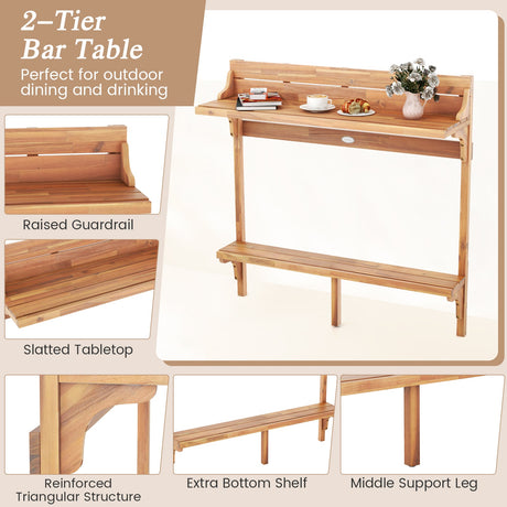 Juego de 3 piezas de mesa de bar de madera de acacia para patio con reposapiés y asiento de madera curvado