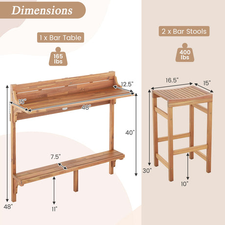Juego de 3 piezas de mesa de bar de madera de acacia para patio con reposapiés y asiento de madera curvado