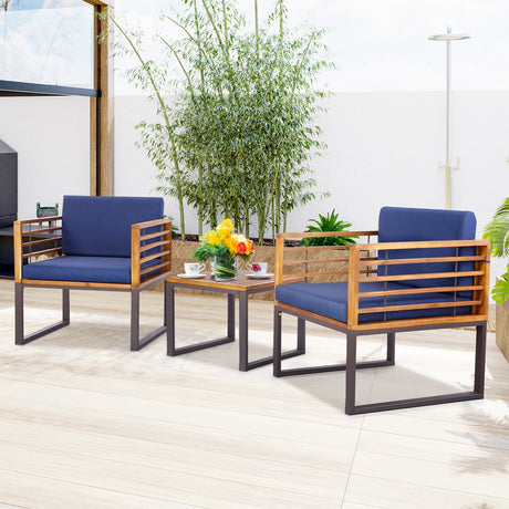 Juego de conversación de 3 piezas para patio de madera de acacia con sillones acolchados - Azul marino