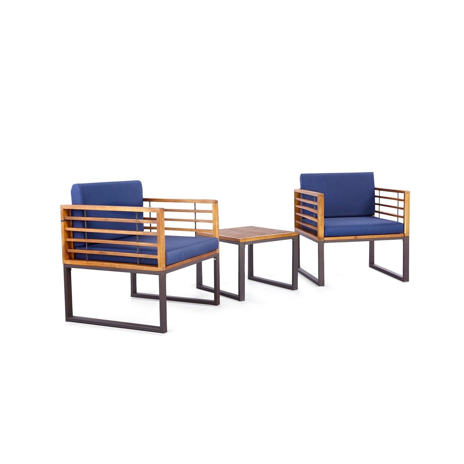 Juego de conversación de 3 piezas para patio de madera de acacia con sillones acolchados - Azul marino