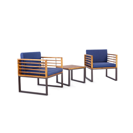 Juego de conversación de 3 piezas para patio de madera de acacia con sillones acolchados - Azul marino