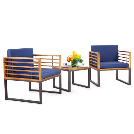 Juego de conversación de 3 piezas para patio de madera de acacia con sillones acolchados - Azul marino