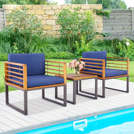 Juego de conversación de 3 piezas para patio de madera de acacia con sillones acolchados - Azul marino