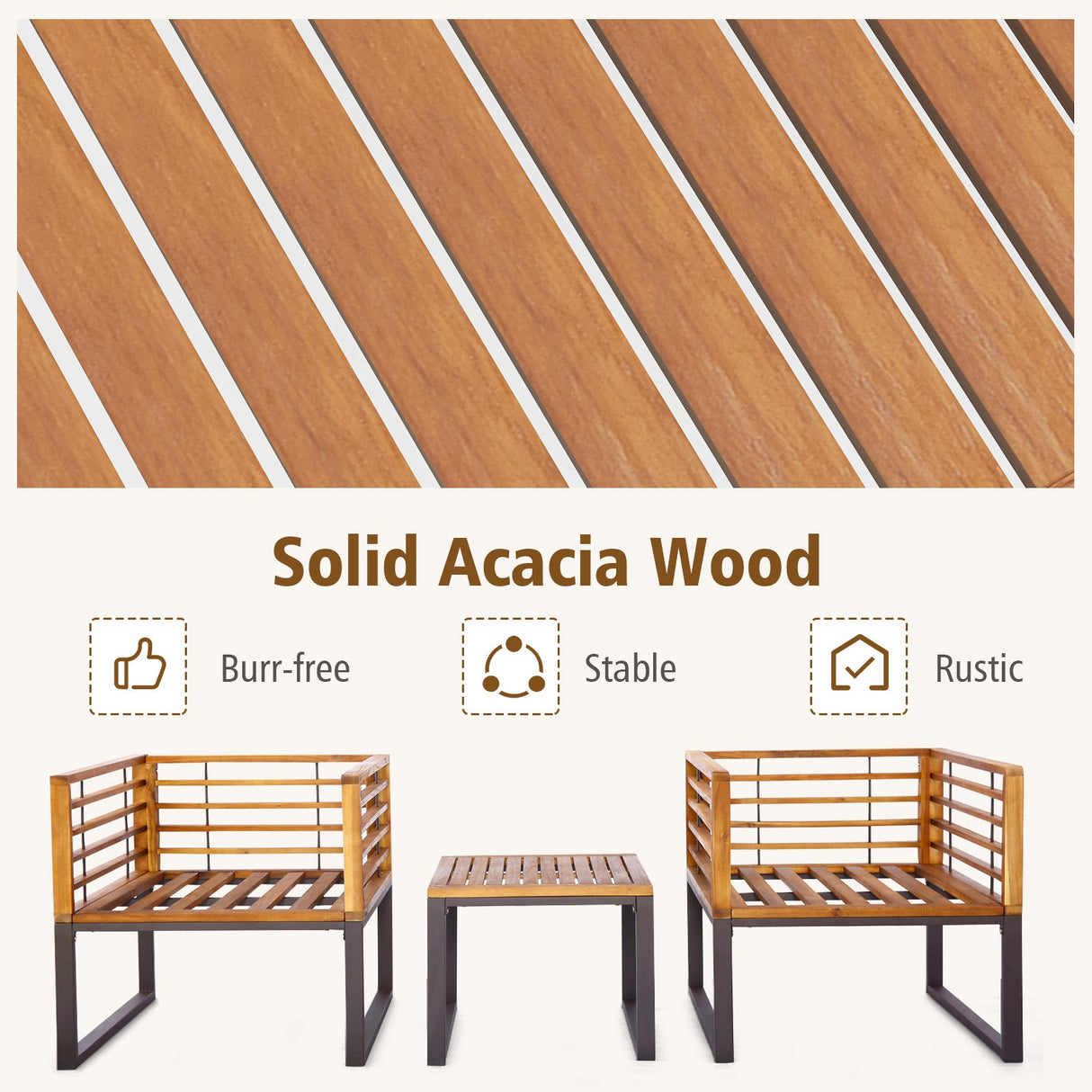 Juego de conversación de 3 piezas para patio de madera de acacia con sillones acolchados - Azul marino