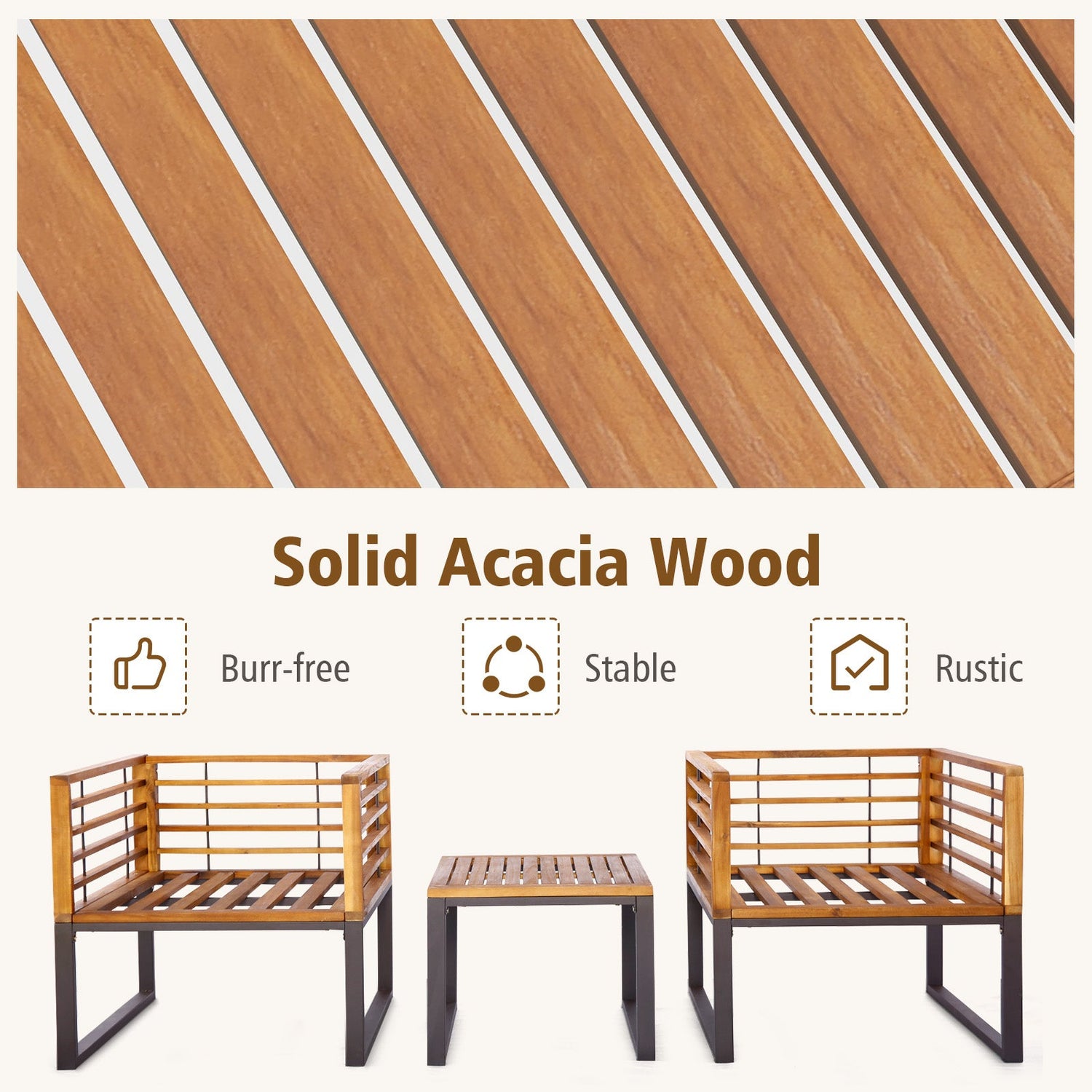 Juego de conversación de 3 piezas para patio de madera de acacia con sillones acolchados - Azul marino