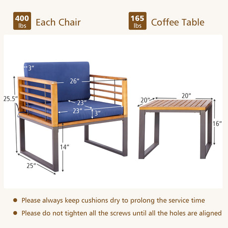 Juego de conversación de 3 piezas para patio de madera de acacia con sillones acolchados - Azul marino