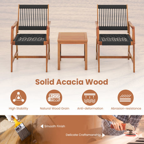 Juego de muebles de patio de 3 piezas de madera de acacia con sillones y mesa de centro