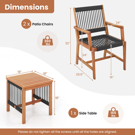 Juego de muebles de patio de 3 piezas de madera de acacia con sillones y mesa de centro
