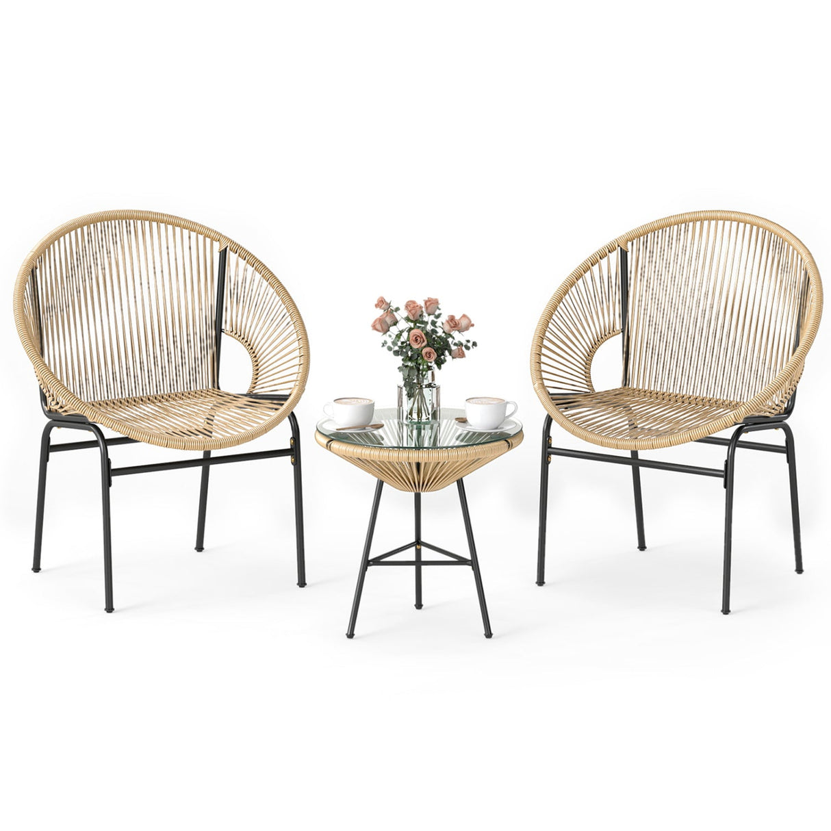 3PCS Patio Acapulco Furniture Bistro Set with GlassTable-Black