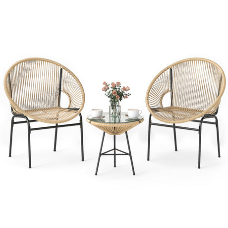 3PCS Patio Acapulco Furniture Bistro Set with GlassTable-Black