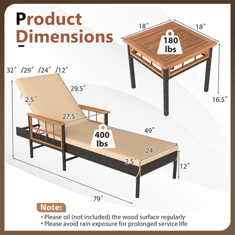 Juego de 3 tumbonas para patio, para piscina, jardín o porche