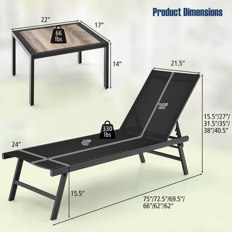 Set de 3 piezas de tumbona y mesa para patio, para piscina o jardín