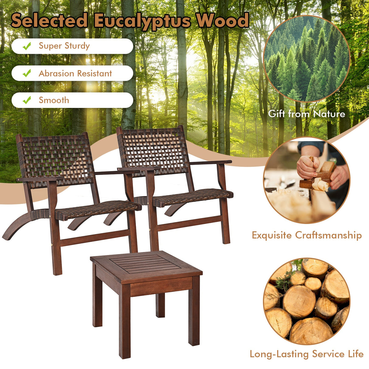 Juego de muebles de mimbre para patio exterior de madera de 3 piezas