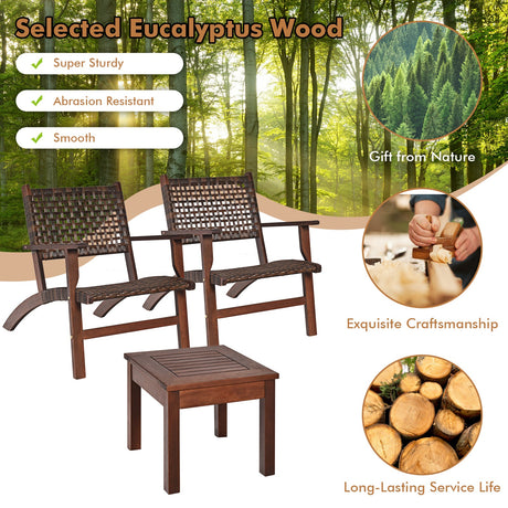 Juego de muebles de mimbre para patio exterior de madera de 3 piezas