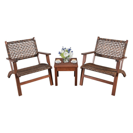 Juego de muebles de mimbre para patio exterior de madera de 3 piezas
