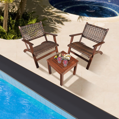 Juego de muebles de mimbre para patio exterior de madera de 3 piezas