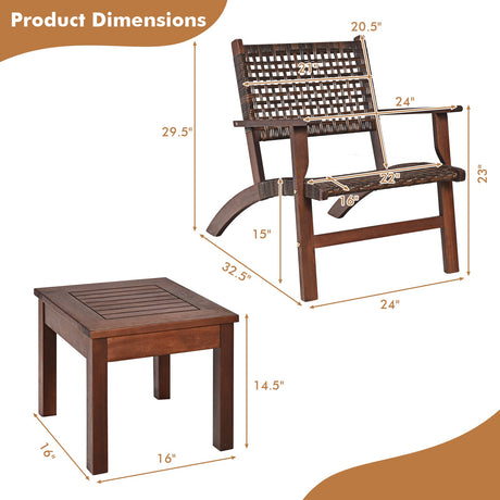 Juego de muebles de mimbre para patio exterior de madera de 3 piezas
