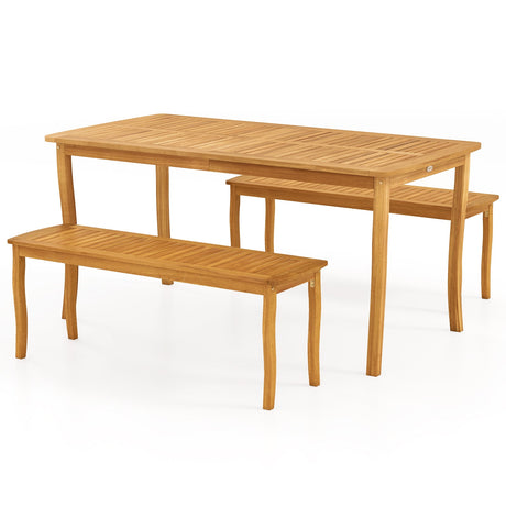 Juego de comedor de patio de 3 piezas con mesa y bancos de madera de acacia para exteriores