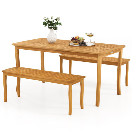 Juego de comedor de patio de 3 piezas con mesa y bancos de madera de acacia para exteriores