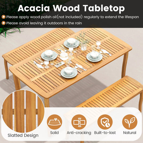 Juego de comedor de patio de 3 piezas con mesa y bancos de madera de acacia para exteriores