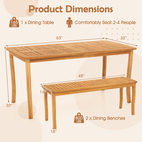 Juego de comedor de patio de 3 piezas con mesa y bancos de madera de acacia para exteriores