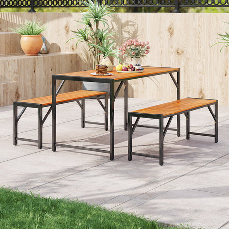 Juego de comedor para patio de 3 piezas con mesa de comedor y 2 bancos de madera de acacia