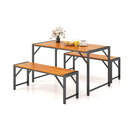 Juego de comedor para patio de 3 piezas con mesa de comedor y 2 bancos de madera de acacia