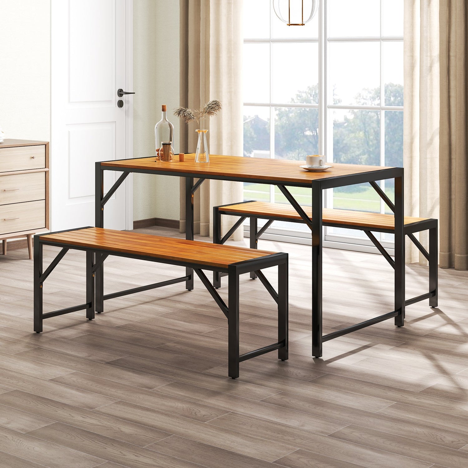 3 Pieces Patio Dining Set with Acacia Wood Dining Table and 2 Benches