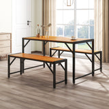 3 Pieces Patio Dining Set with Acacia Wood Dining Table and 2 Benches