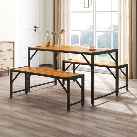 Juego de comedor para patio de 3 piezas con mesa de comedor y 2 bancos de madera de acacia