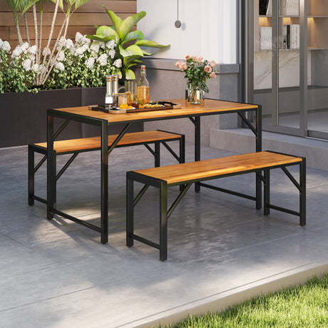 Juego de comedor para patio de 3 piezas con mesa de comedor y 2 bancos de madera de acacia