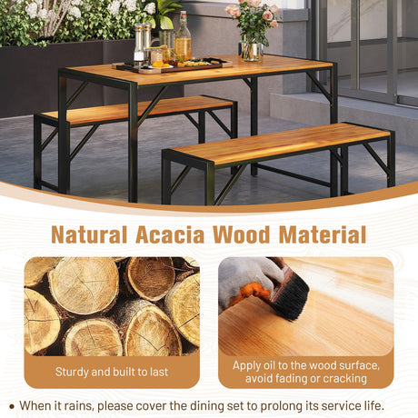 Juego de comedor para patio de 3 piezas con mesa de comedor y 2 bancos de madera de acacia