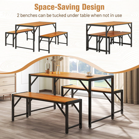 Juego de comedor para patio de 3 piezas con mesa de comedor y 2 bancos de madera de acacia