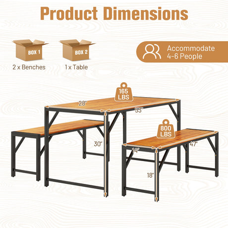 Juego de comedor para patio de 3 piezas con mesa de comedor y 2 bancos de madera de acacia
