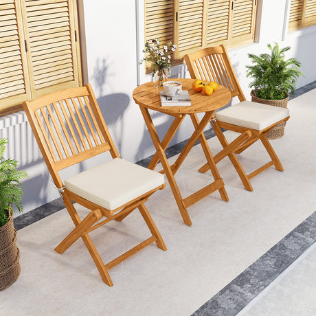 Juego de bistró plegable de 3 piezas de madera de acacia con cojines suaves
