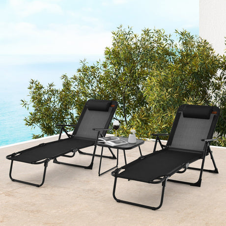 Juego de 3 tumbonas plegables para patio con mesa de PVC - Negro