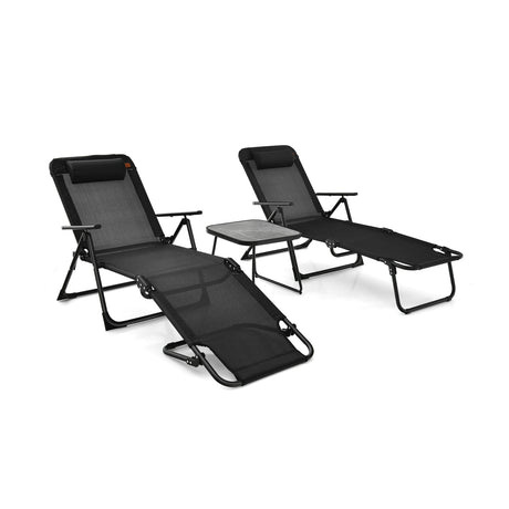 Juego de 3 tumbonas plegables para patio con mesa de PVC - Negro