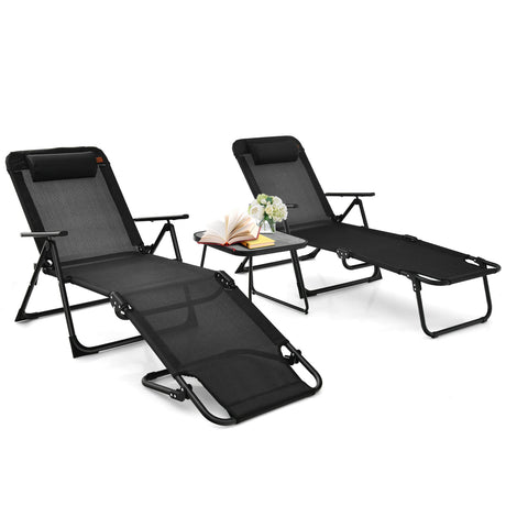 Juego de 3 tumbonas plegables para patio con mesa de PVC - Negro